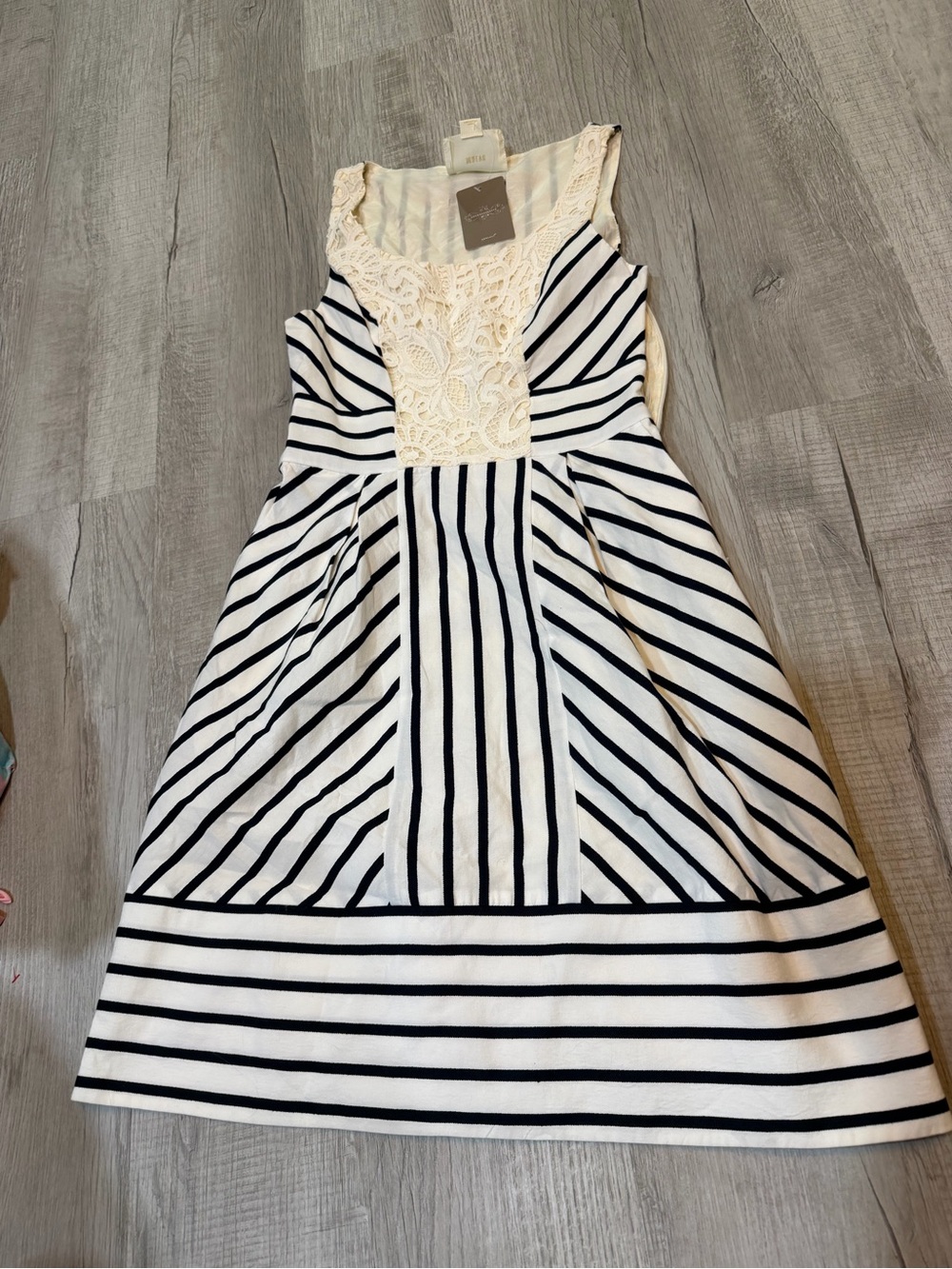 Anthropologie Cream Dress with Black Stripes and Lace Bodice